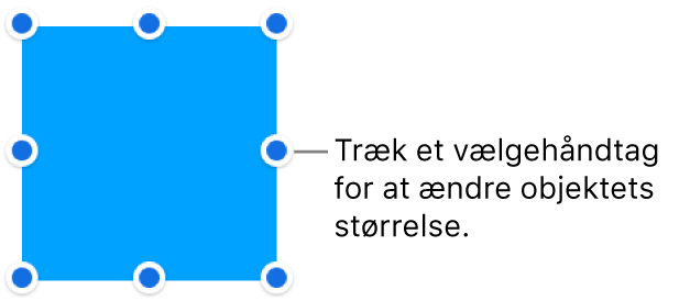 Et objekt med blå prikker på rammen til ændring af objektets størrelse.