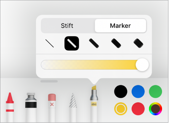 Das Werkzeug für intelligente Anmerkungen mit den Tasten für das Stift- und Markerwerkzeug, den Optionen für die Linienstärke und dem Schieberegler „Deckkraft“.