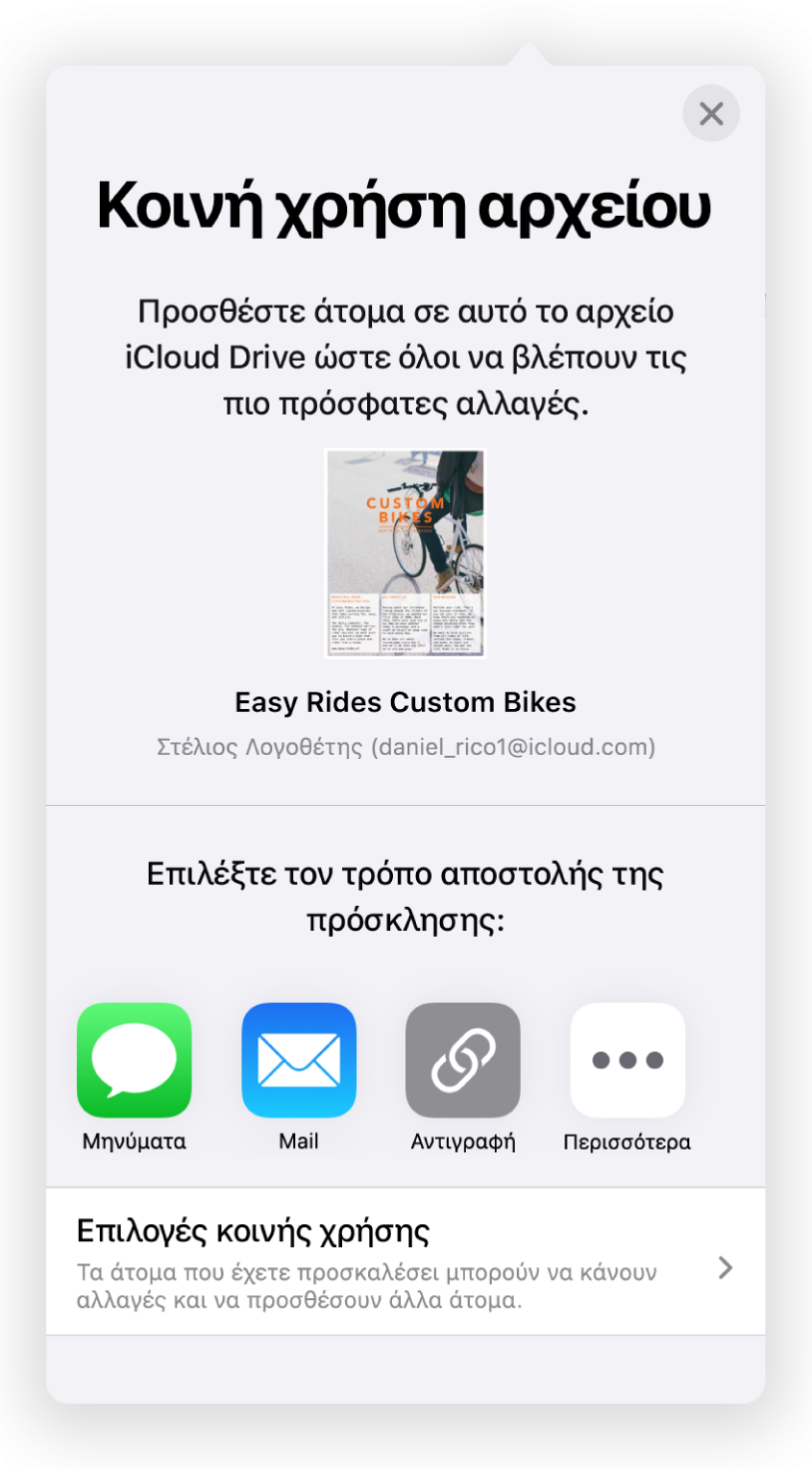 Η οθόνη «Προσθήκη ατόμων» στην οποία εμφανίζεται μια φωτογραφία του εγγράφου προς κοινή χρήση. Κάτω από αυτήν υπάρχουν κουμπιά για την αποστολή της πρόσκλησης με διάφορους τρόπους, όπως Mail, «Αντιγραφή συνδέσμου» και «Περισσότερα». Στο κάτω μέρος υπάρχει το κουμπί «Επιλογές κοινής χρήσης».