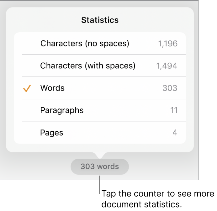 The word counter with a menu showing options to show the number of characters without and with spaces, word count, paragraph count and page count.