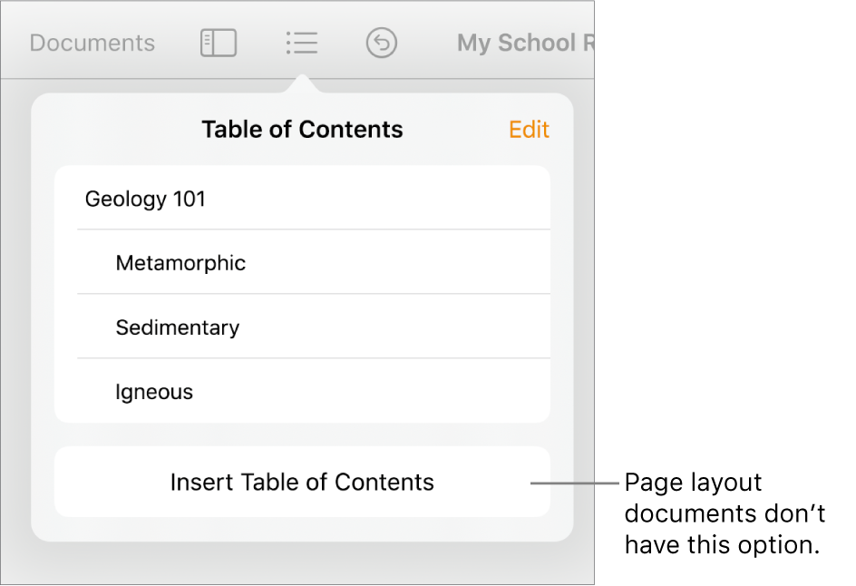 The table of contents view with Edit in the top-right corner, TOC entries and the Insert Table of Contents button at the bottom.