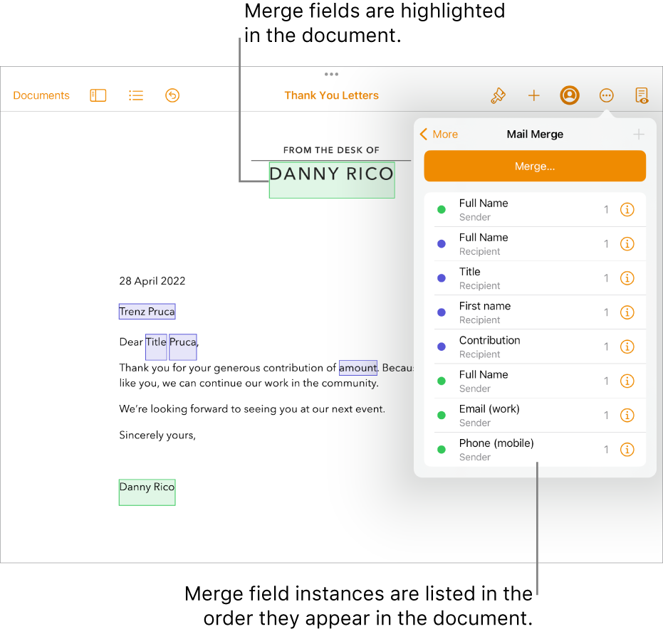 Pages document with recipient and sender merge fields, and the merge field instances list visible in the Document sidebar.