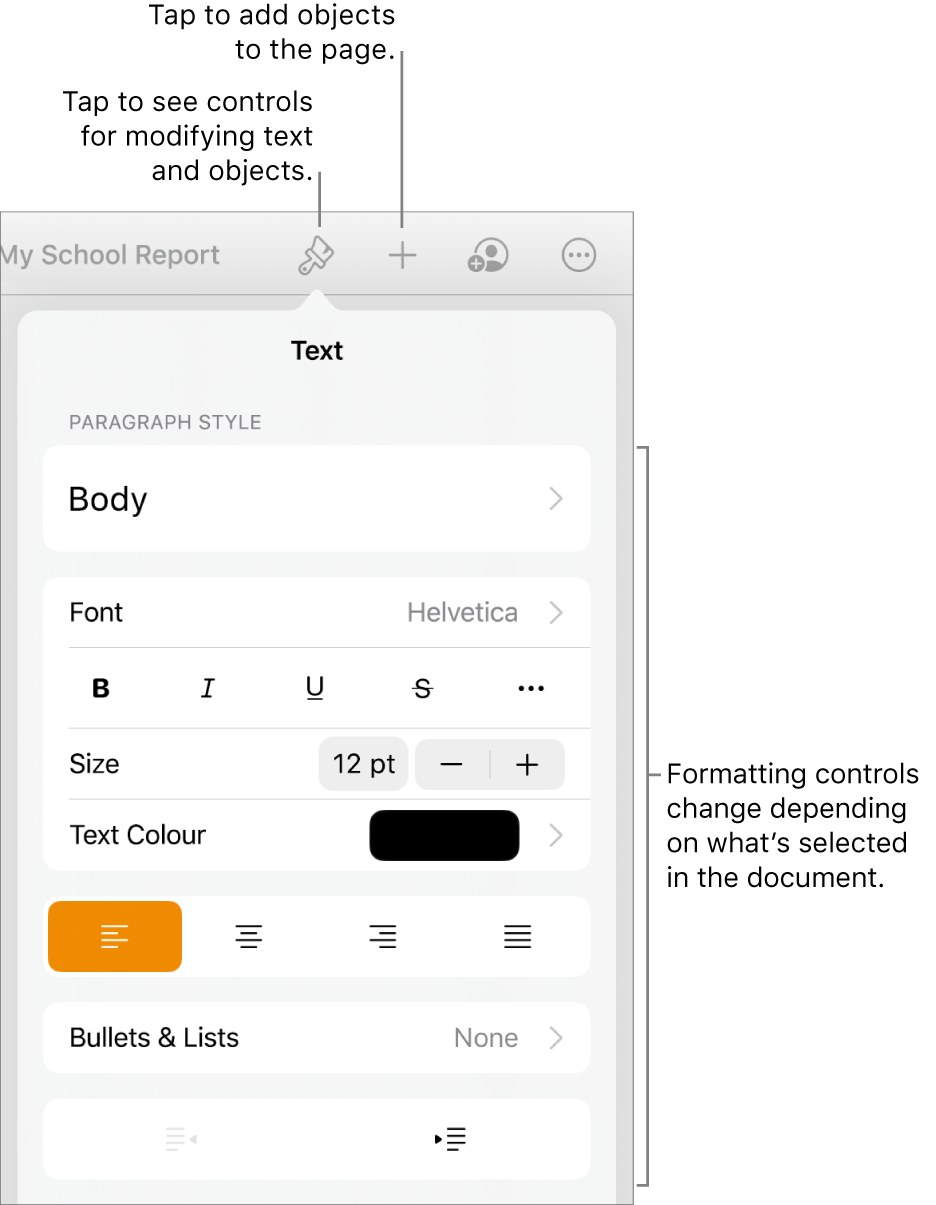 The Format controls open and showing controls to change paragraph style, modify fonts and format font spacing. Callouts at the top point out the Format button in the toolbar and to its right, the Insert button to add objects to the page.