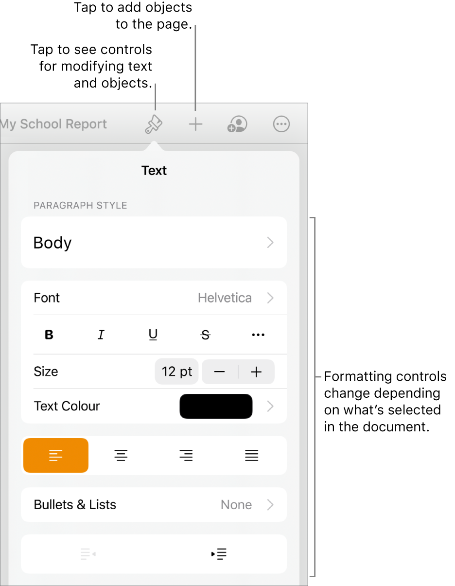 The Format controls are open and showing controls to change paragraph style, modify fonts and format font spacing. Callouts at the top point out the Format button in the toolbar and to its right, the Insert button to add objects to the page.