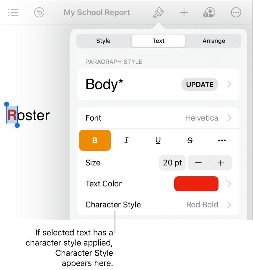 The Text formatting controls with Character Style below the Text Color controls.