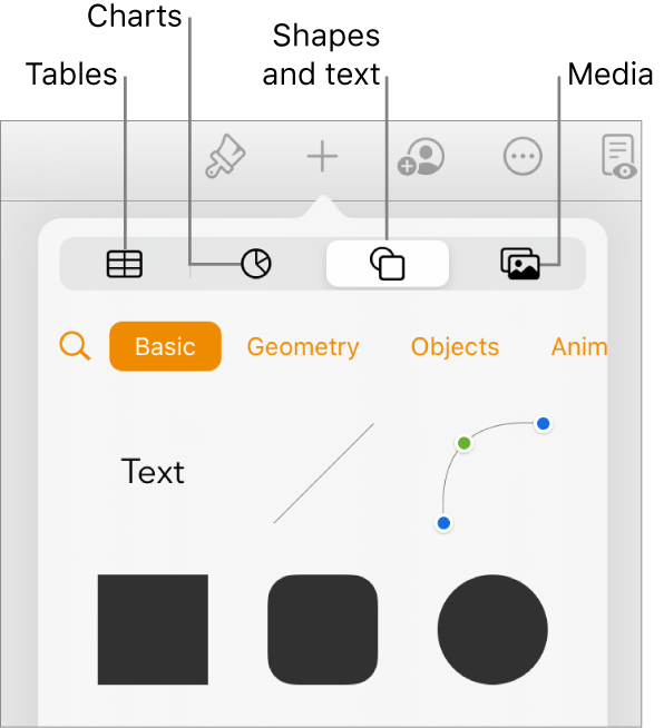 The Insert controls open with buttons for adding tables, charts, text, shapes, and media at the top.