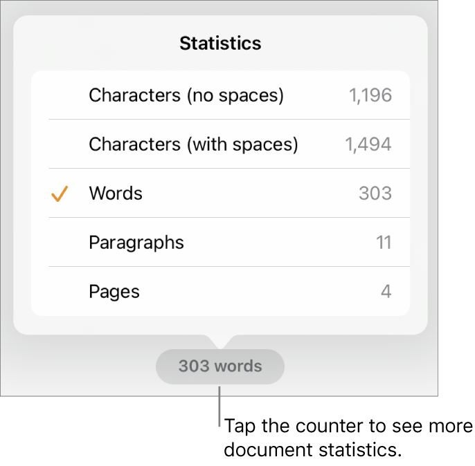 The word counter with a menu showing options to show the number of characters without and with spaces, word count, paragraph count, and page count.