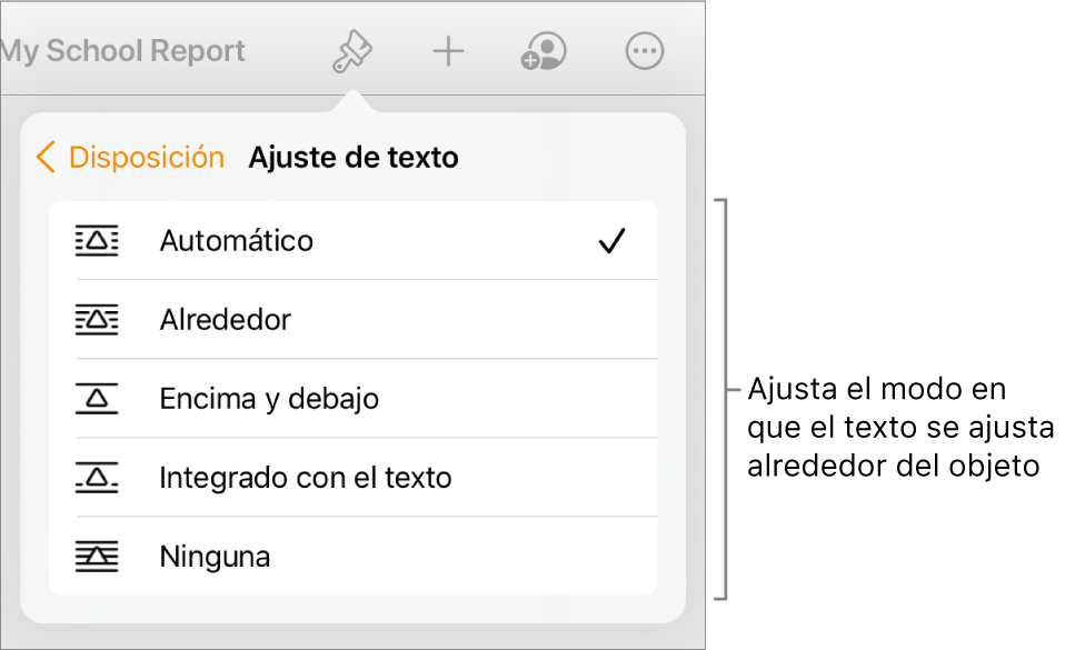 Los controles de Formato con la pestaña Disposición seleccionada. Debajo aparecen los controles de ajuste del texto, que incluyen “Mover a capa inferior/superior”, “Mover con texto” y “Ajuste de texto”.