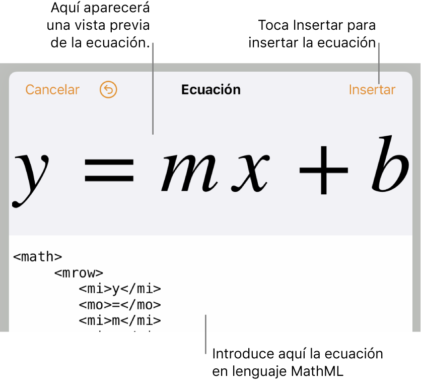 Código MathML de la ecuación de la pendiente de una recta y la previsualización de la fórmula encima.