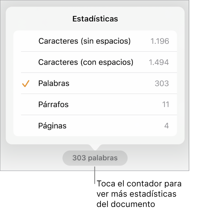 El contador de palabras con un menú que muestra las opciones para ver el número de caracteres con y sin espacios, el recuento de palabras, el recuento de párrafos y el recuento de páginas.