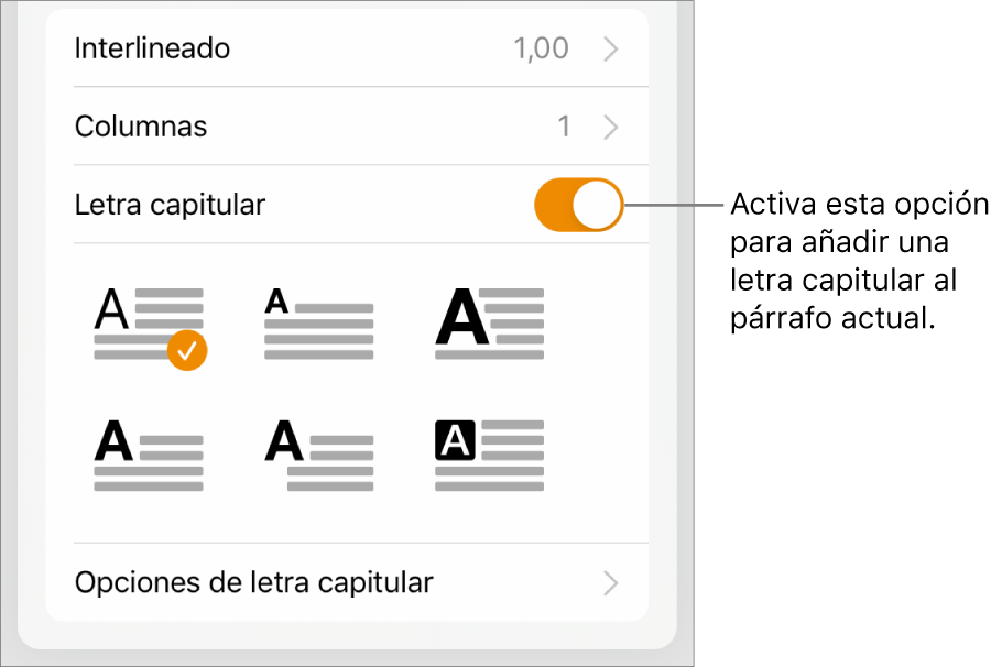 Los controles de “Letra capitular” situados en la parte inferior del menú Texto.