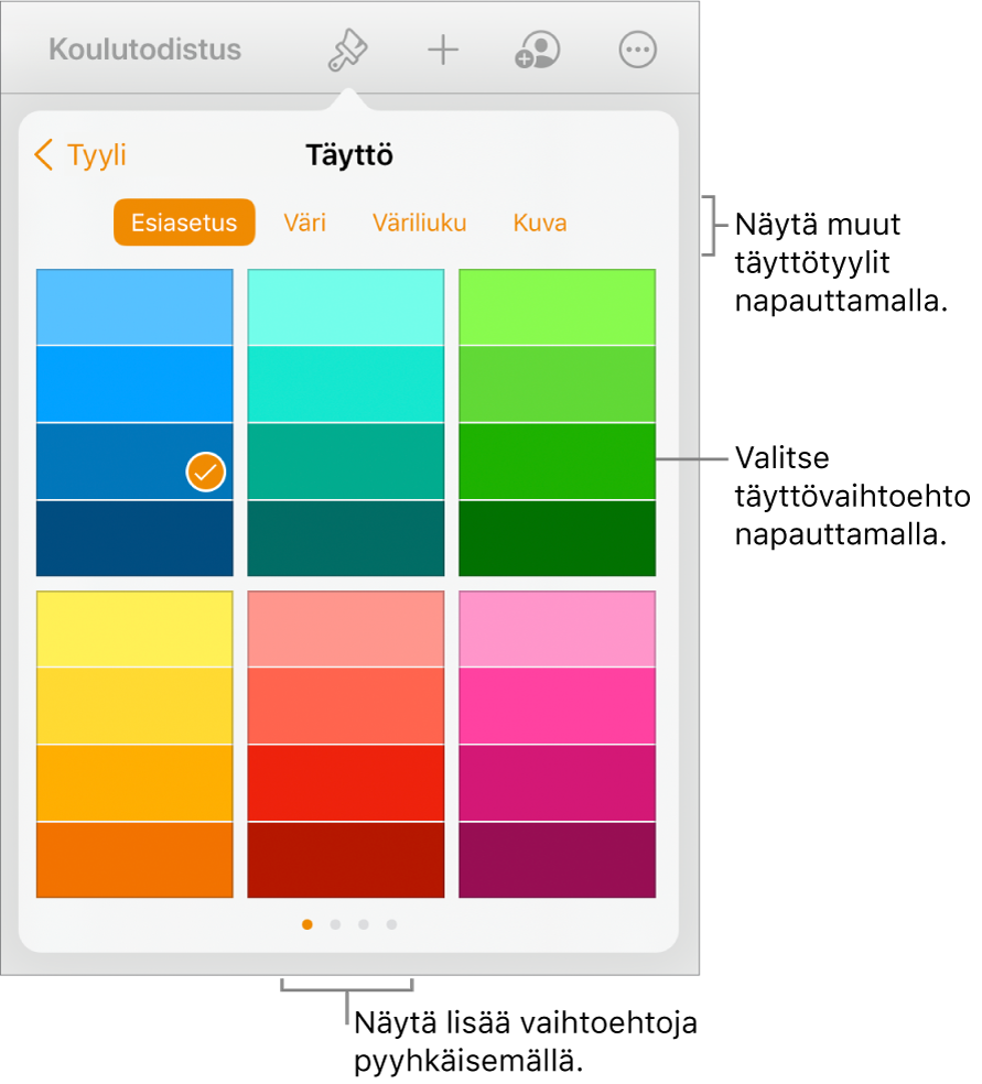 Muoto-painikkeen Tyyli-välilehden täyttövalintoja.