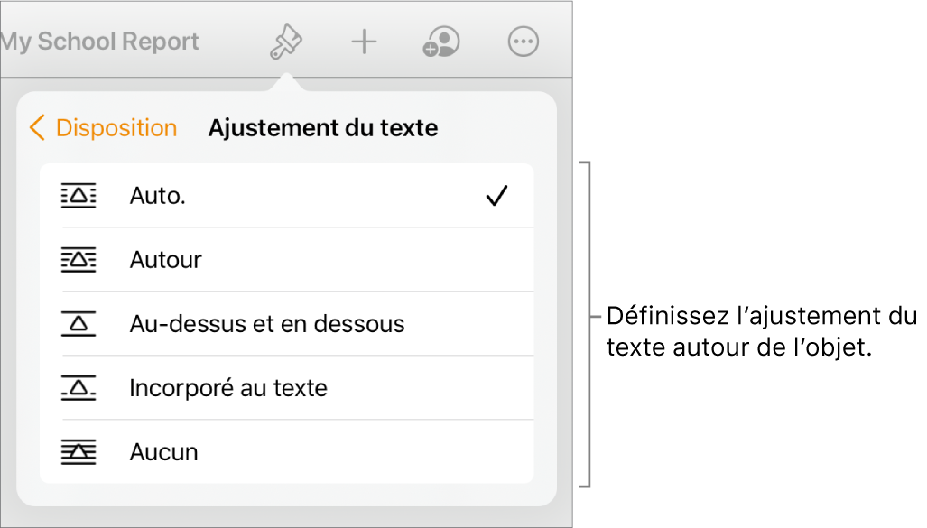 Les commandes Format avec l’onglet Disposition sélectionné. En dessous se trouvent les commandes « Ajustement du texte » avec les options « Déplacer vers l’arrière/avant », « Déplacer avec texte » et « Ajustement du texte ».