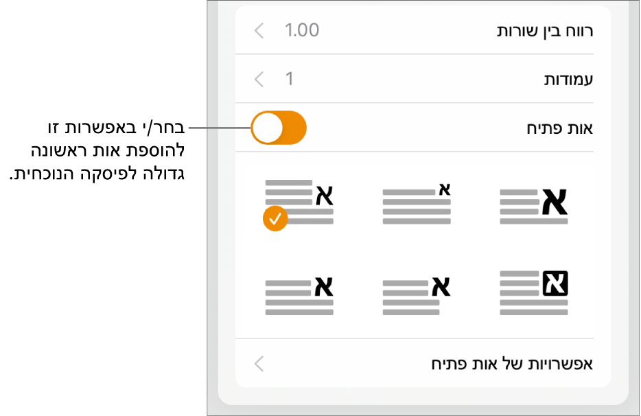 כלי הבקרה של ״אות פתיח״ נמצאים בתחתית התפריט ״מלל״.