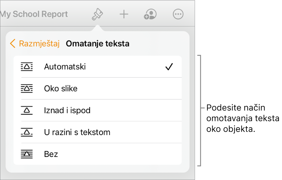 Kontrole formatiranja s odabranom karticom Razmjesti. Ispod se nalaze kontrole za Omatanje teksta uz Pomakni natrag/naprijed, Pomiči uz tekst i Omatanje teksta.