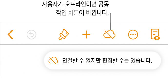 상단에 여러 버튼이 있고 공동 작업 버튼이 대각선이 있는 구름으로 바뀜. ‘오프라인이지만 편집할 수는 있습니다.’라는 경고가 화면에 있음.
