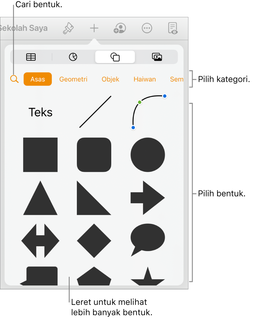 Pustaka bentuk, dengan kategori di bahagian atas dan bentuk dipaparkan di bawah. Anda boleh menggunakan butang carian di bahagian atas untuk mencari bentuk dan leret untuk melihat lebih banyak.