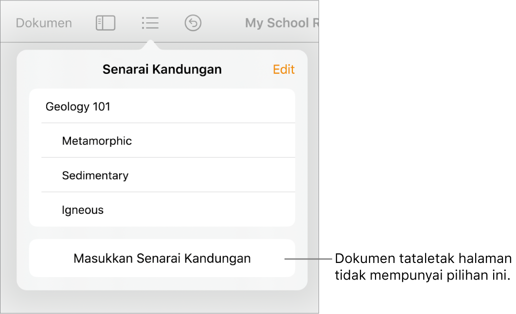 Paparan senarai kandungan dengan Edit di penjuru kanan atas, entri TOC dan butang Masukkan Senarai Kandungan di bahagian bawah.