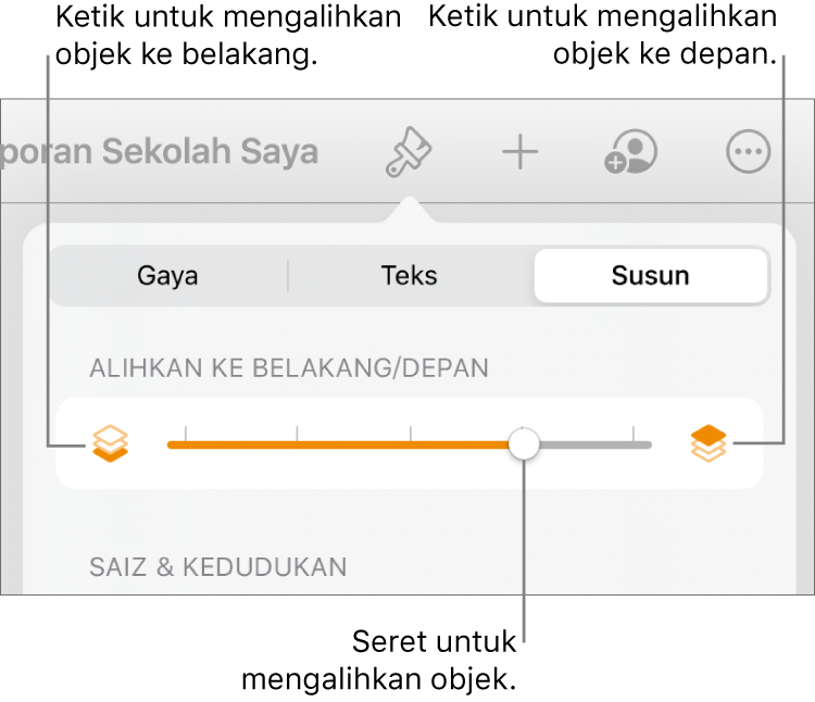 Butang Bergerak Ke Depan, butang Bergerak Ke Belakang dan gelangsar lapisan.