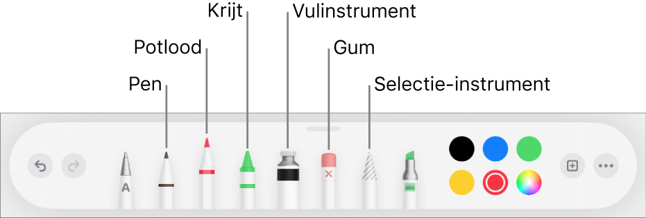 De knoppenbalk voor tekenen met een pen, potlood, krijt, vulinstrument, gum en selectie-instrument en een kleurenvak met de huidige kleur.