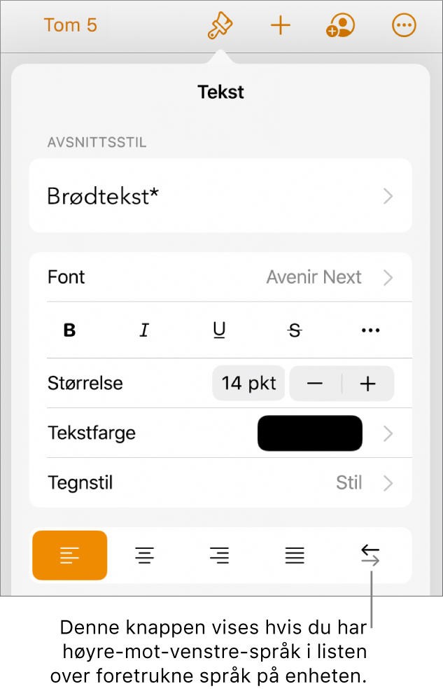 Tekstkontroller i Format-menyen med en bildeforklaring som peker på Høyre til venstre-knappen.