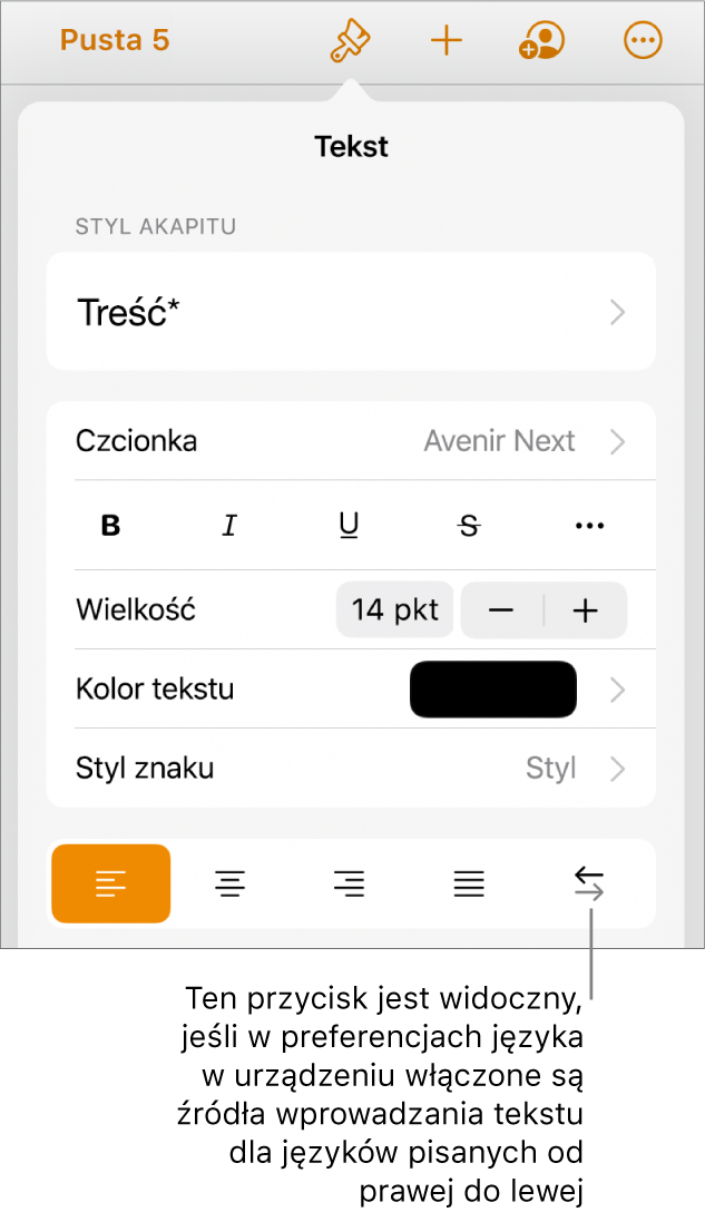 Narzędzia tekstu w menu Format z objaśnieniem wskazującym przycisk Od prawej do lewej.