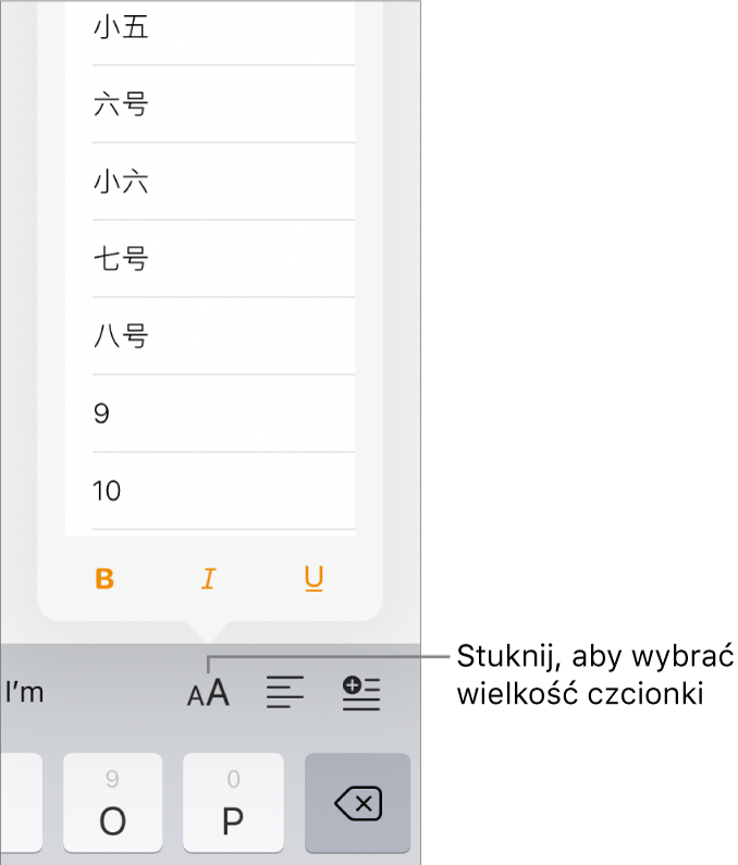Przycisk Wielkość czcionki po prawej stronie klawiatury iPada z otworzonym menu wielkości czcionki. U góry menu widoczne są wielkości czcionek zgodne ze standardem rządowym Chin kontynentalnych. Poniżej znajdują się rozmiary wyrażone w punktach.