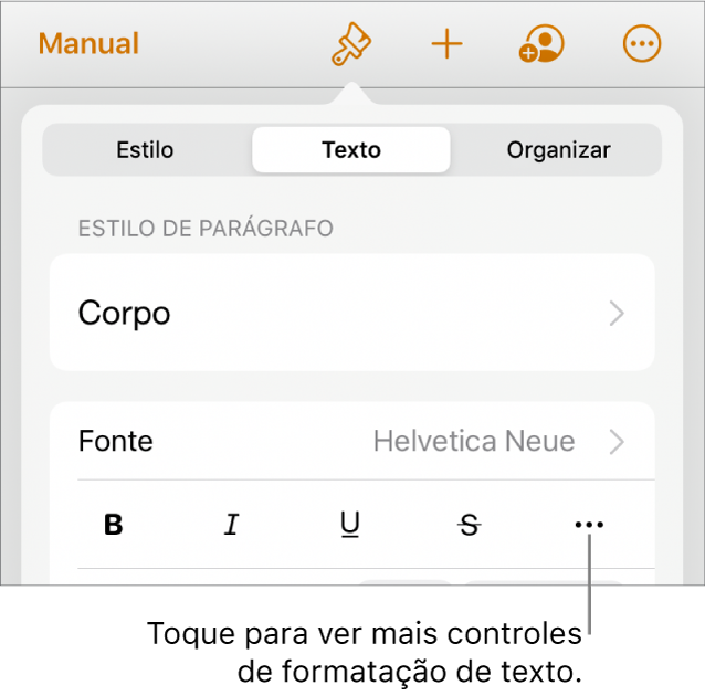 Aba Texto dos controles Formatar, com um balão explicativo para o botão “Mais opções de texto”.