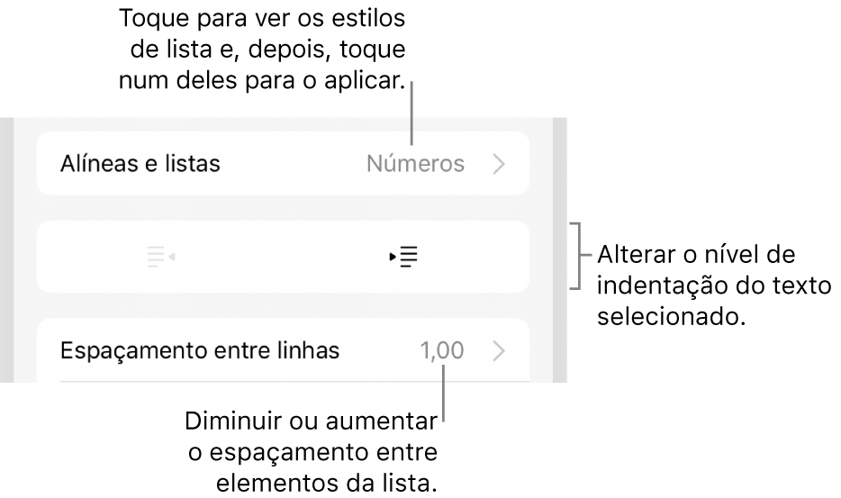 A secção “Marcas e listas” dos controlos de Formatação com chamadas para “Marcas e listas”, botões de remover indentação e de indentação e controlos de espaçamento.