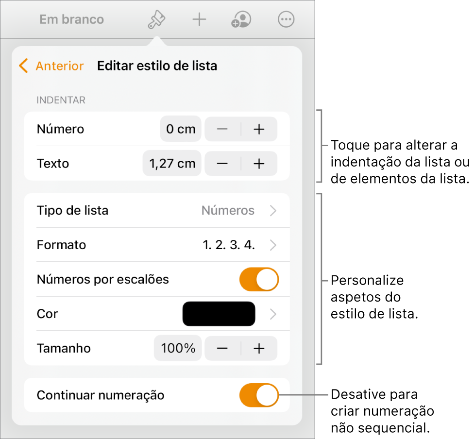 O menu “Editar estilo de lista” com controlos para espaçamento, tipo de lista e formatação, números por escalões, cor e tamanho da lista e numeração contínua.