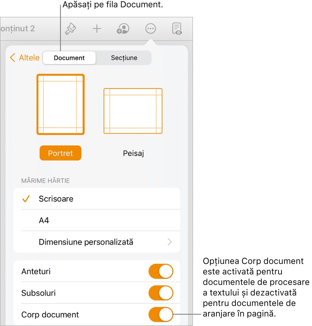 Comenzile de formatare Document cu opțiunea Corp document activată lângă partea de jos a ecranului.