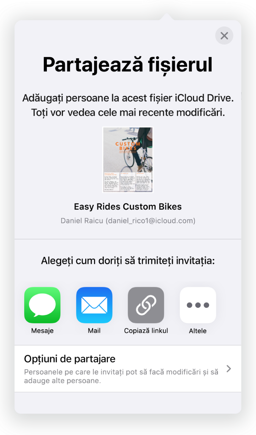 Ecranul de adăugare a persoanelor afișând imaginea documentului de partajat. Dedesubt se află butoane pentru metodele de trimitere a invitației, inclusiv Mail, Copiați linkul și Altele. În partea de jos se află butonul Opțiuni de partajare.