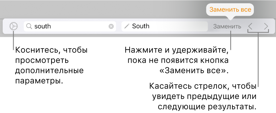 Элементы управления для поиска и замены текста.