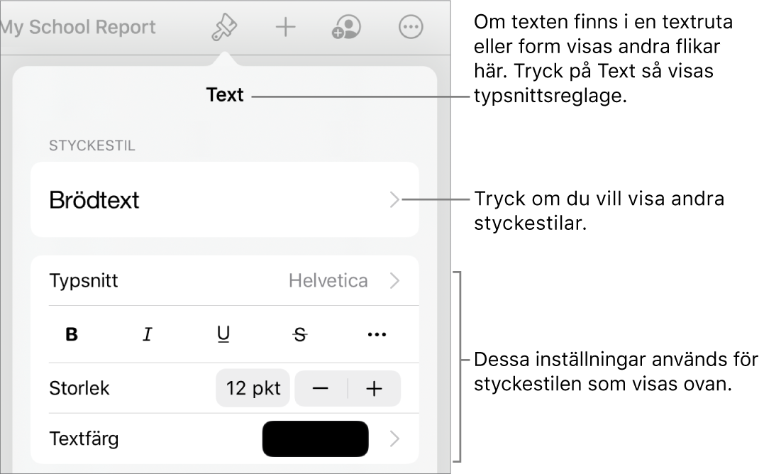 Menyn Format med textreglage för att ställa in stycke- och teckenstilar, typsnitt, storlek och färg.