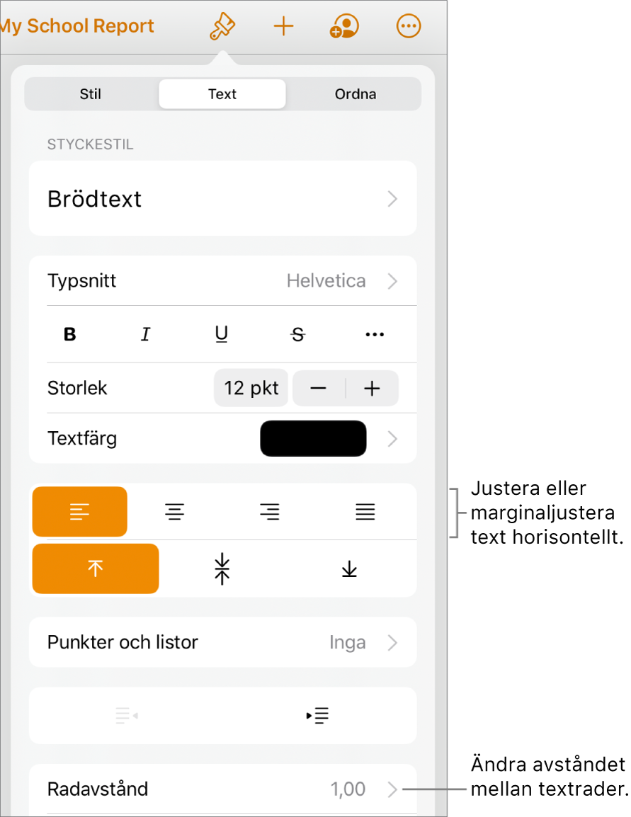 Knappen för formatreglage med fliken Text vald och linjer som pekar på knapparna för textjustering och menyobjektet Radavstånd.