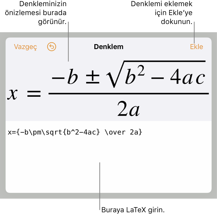Denklem alanına LaTeX kullanılarak yazılmış ikinci dereceden formül ve altta formülün önizlemesi.