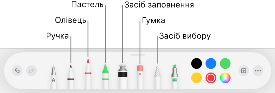 Панель малювання із пером, олівцем, пастеллю, інструментом заповнення, гумкою, інструментом вибору і джерелом кольору, яке відображає поточний колір.