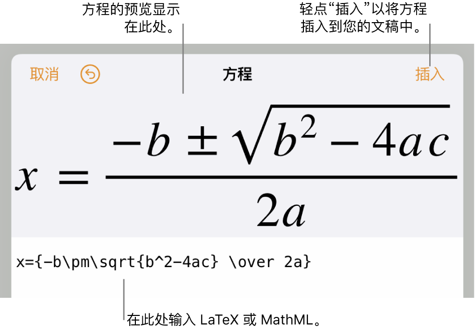 编辑方程对话框，显示使用 LaTeX 命令所写的二次公式，且上方显示公式的预览。