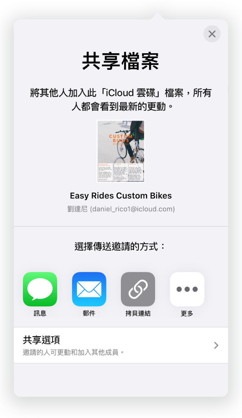 「加入人員」畫面顯示要分享的文件圖片。下方的按鈕為傳送邀請的方式，包含「郵件」、「拷貝連結」以及「更多」。底部為「分享選項」按鈕。