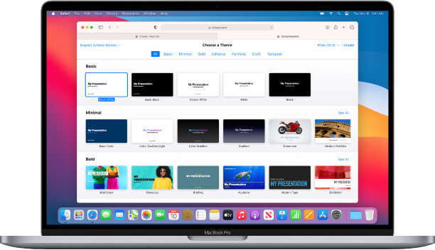 MacBook Pro con el selector de tema de Keynote abierto en la pantalla. El primer tema básico está seleccionado, y a la derecha aparecen otros temas básicos. Debajo aparecen temas prediseñados en filas por categorías.