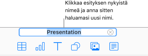 Esityksen oletusnimi Työkalut-ponnahdusvalikon yläreunassa.