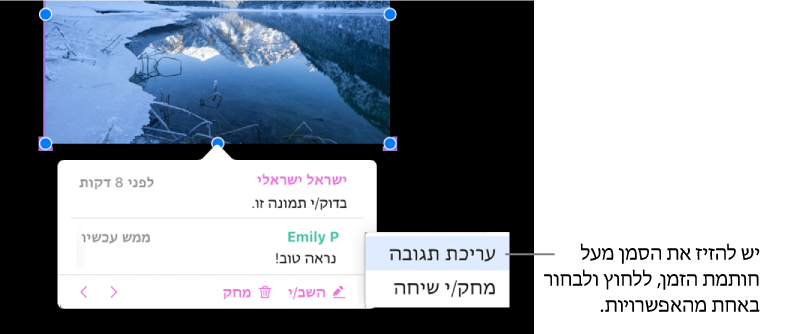 הערה עם תגובה, כאשר זמן העכבר מצביע על חותמת הזמן של התגובה; מופיע תפריט קופץ שמציג שתי אפשרויות: ״עריכת תגובה״ ו-״מחיקת תגובה״.
