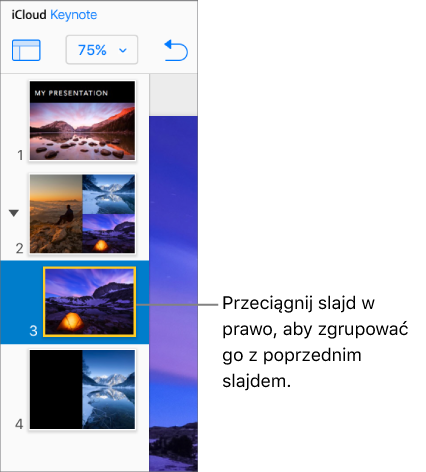 Przenoszenie slajdu na prawo w nawigatorze slajdów aplikacji Keynote dla iCloud