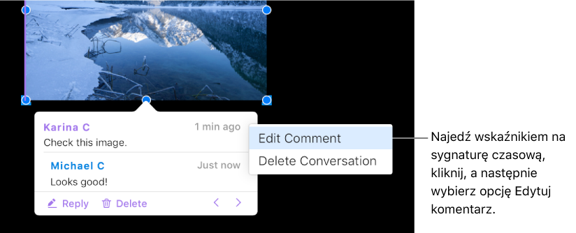Komentarz jest otwarty, wskaźnik znajduje się na sygnaturze czasowej u góry, a menu podręczne zawiera dwie opcje: Edytuj komentarz i Usuń rozmowę.