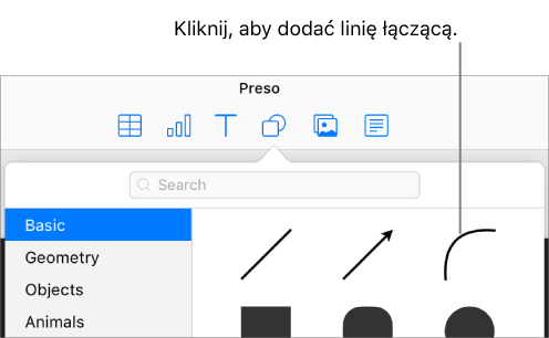 Otwarta biblioteka kształtów z wybraną kategorią Podstawowe z lewej strony i różnymi liniami oraz kształtami (w tym linią krzywą) widocznymi z prawej strony.