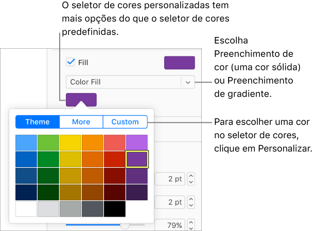 O Preenchimento de cor é selecionado no menu pop-up Preenchimento, e a cor bem abaixo do menu pop-up mostra opções adicionais de preenchimento de cor.