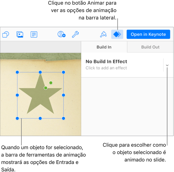 Um objeto está selecionado no slide, o botão Animar está selecionado na barra de ferramentas e "Nenhum efeito de entrada" é exibido no menu pop-up Entrada na barra lateral.