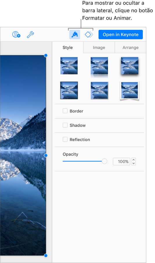 O botão Formatar está selecionado na barra de ferramentas e os controlos de formatação como o estilo e a sombra são apresentados na barra lateral à direita do diapositivo.