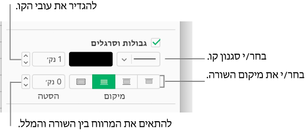 תיבת הסימון של ״גבולות וכללים״ נבחרה בסרגל הצדדי ״עיצוב״, והפקדים לעיצוב סגנון השורה, העובי, המיקום וצבע השורה מופיעים מתחת לתיבת הסימון.