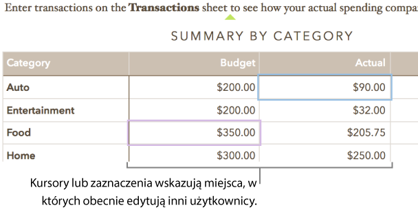 Kursory i zaznaczenia w różnych kolorach w komórkach tabeli wskazują miejsca edytowane przez innych użytkowników udostępnionego arkusza kalkulacyjnego.
